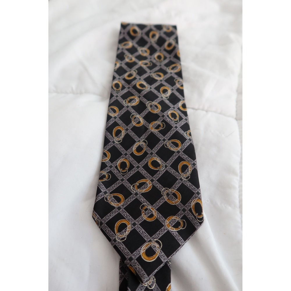 Mens Buisness‎ Valentino Cravatte Silk Tie Black Gold Geometric